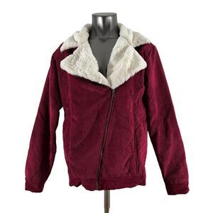 Lulus Women's Jacket Corduroy Faux Fur Neck Aviator Asymmetrical Zip Red Size M
